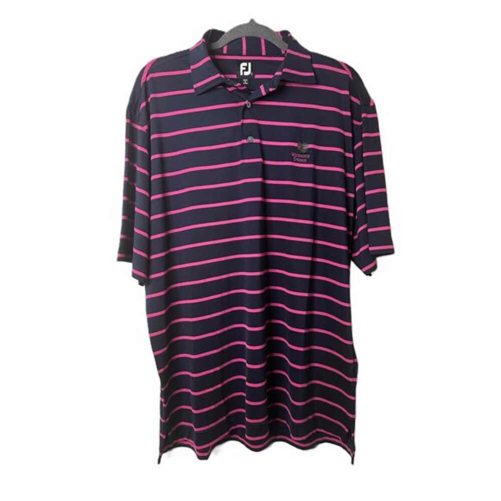 FJ Polo Shirt Large Navy Blue Pink Striped Short Sleeve Golf Woodloch Springs